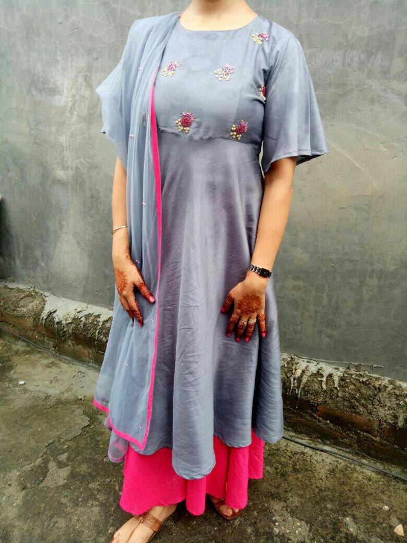 Beautiful Grey Umbrella Cut Kurta Paired With Hot Pink Circled Etsy