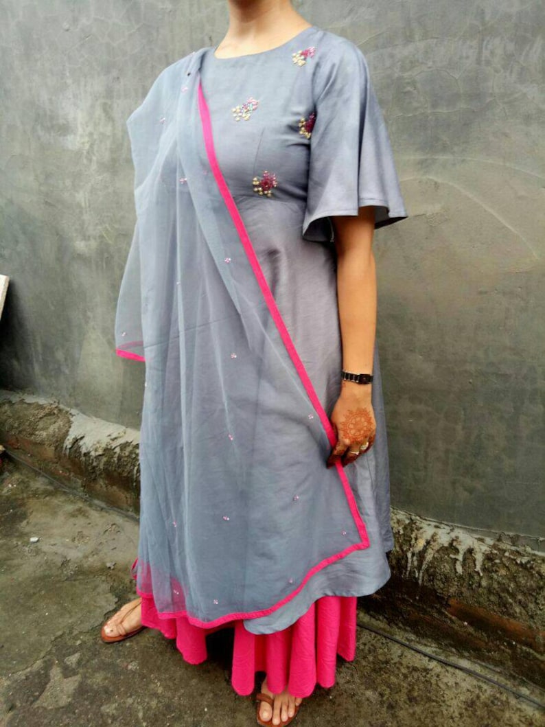 Beautiful Grey Umbrella Cut Kurta Paired With Hot Pink Circled Etsy