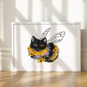 Cat print, Cat with bee body, Black cat art, Floral Cat, Giclee print