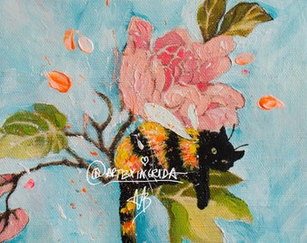 Cat with Pink flower, Giclee embellished print