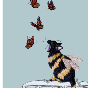 Funny Cat print, screaming Bumble bee cat, animal wall art, retro decor