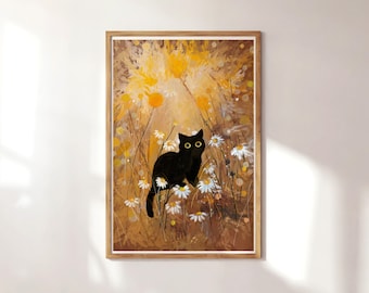 Garden Cat Print, Klimt Flowers, Cat Poster, Black Cat, Floral Print, Funny Cat print, Kitten gift, Home decor Poster , daisy cat, daisy's