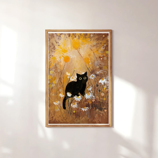 Gartenkatzendruck, Klimt Blumen, Katzenposter, schwarze Katze, Blumendruck, lustiges Katzenbild, Kätzchen Geschenk, Wohnkultur Poster, Gänseblümchenkatze, Gänseblümchen