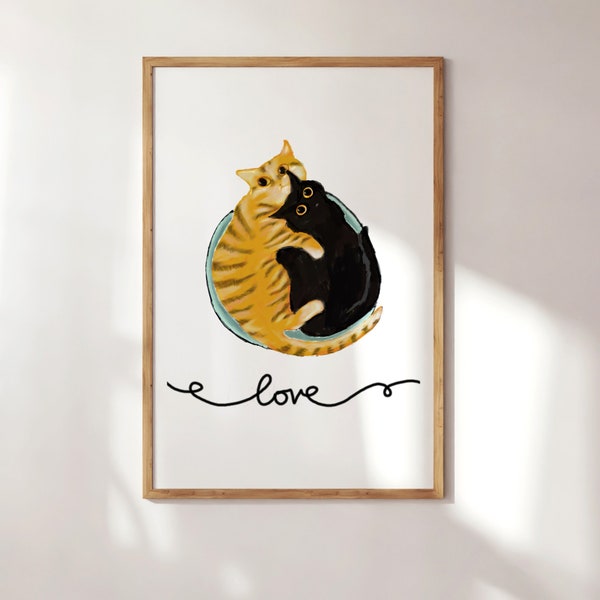 Hugging cats, orange and black print, kitten love print, cuddling cats, cute illustration, cat card, ginger cat