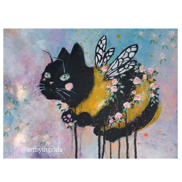 Cat art, Black Cat with flowers, Bumble Cat, Funny Cat print