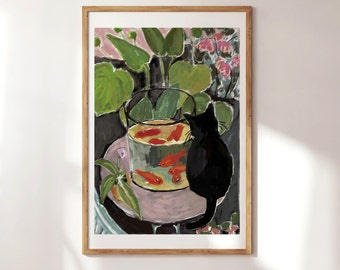 Henri Matisse, Cat print, black cat, famous painting with cat, Cat and fish, cat lover gift, plant cat, cat poster