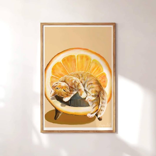 Orange Cat print, Fat ginger kitten, tabby orange cat, gift for cat owner, kitchen decor, illustration art, fruit cat, sleeping kitty