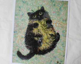 Garden Cat Print, Sweet Chubby Cat, Giclee print