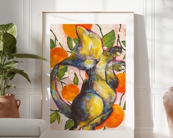 Cat print, Oranges and cat, Cat sleeping, Tangerine wall art, Citrus  fruits, colorful painting, original canvas