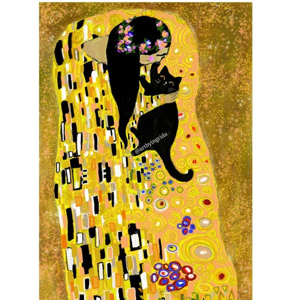 Gustav Klimt Cat kiss art print Funny cat art