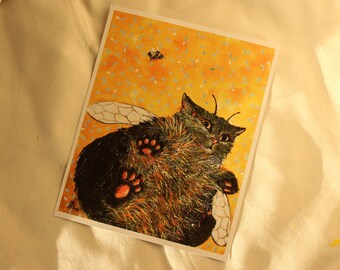 Garden Cat Print, Chubby Bumble Cat print, 8x10in