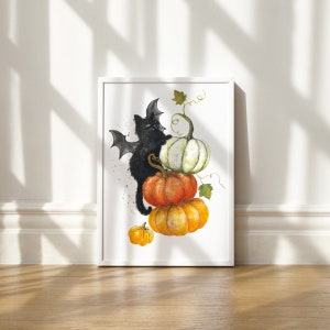 Pumpkin art, Cat Halloween print, Fall season decor, colorful pumpkins, Autumn wall art, black Bat Cat, Cat with Bat wings