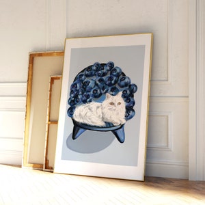 White Cat print, Blueberry Cat, royal cat art, Blue aesthetics, cute cat illustration