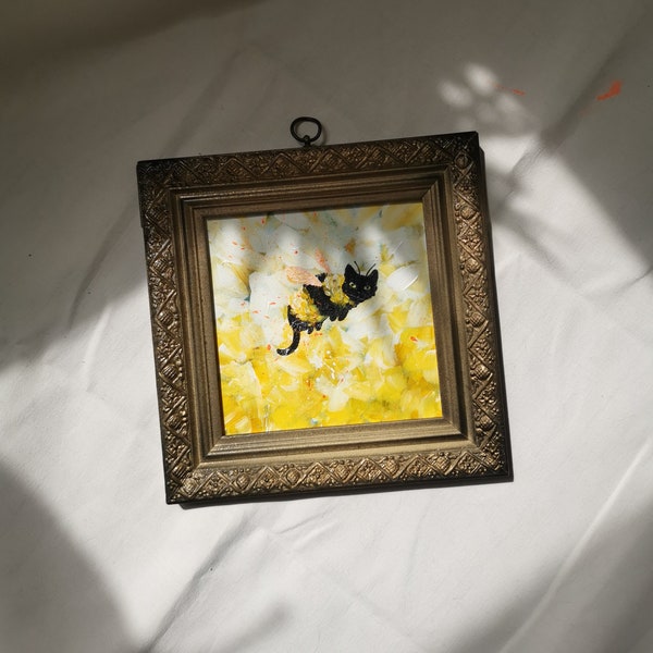 Cat art, Framed original painting, yellow floral Bumble Cat