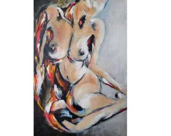 Woman body art, Nude female painting, original large canvas figurative feminine painting, abstract body art