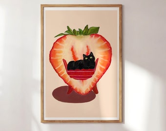 Black CAT art print, Strawberry Kitten, sleeping kitty, Cat lover gift, cute wall art, pink home aesthetic, kitchen poster, food art