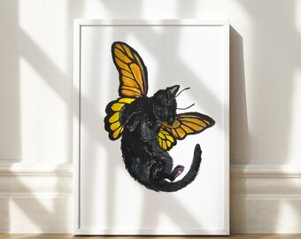 Cat art print, Black cat, Cat with wings, Cute cat print, yellow butterfly cat