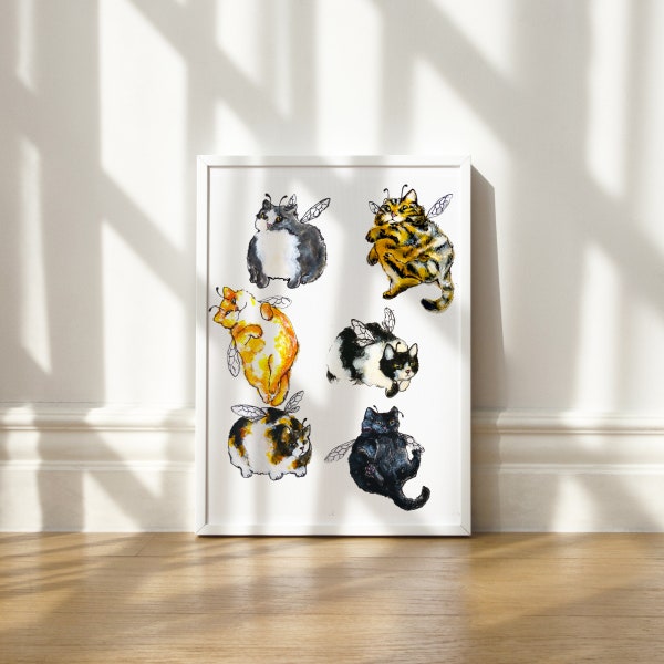 Cat print, Cat breeds art, printable art, fat cats, funny cat prints