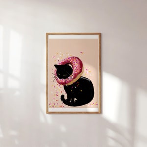 Funny cat print Cat art Donut cat pink donut art Black cat