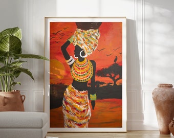 African Wall Art, African woman, African Ethnic art, Black female, african sunset, black woman art print, african american art