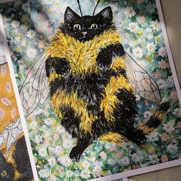 Garden Cat Print , Daisy Chubby Cat, Giclee print