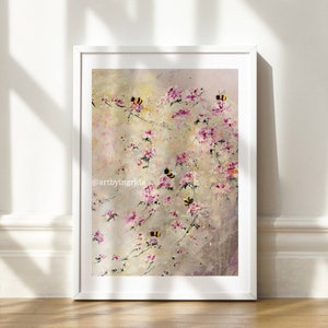 Roses and cats print, Bumble bee cats floral art, Giclee print, pink roses