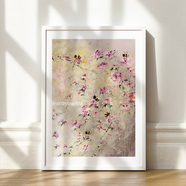 Roses and cats print, Bumble bee cats floral art, Giclee print, pink roses