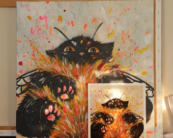 Cat Print, embellished original Giclee print