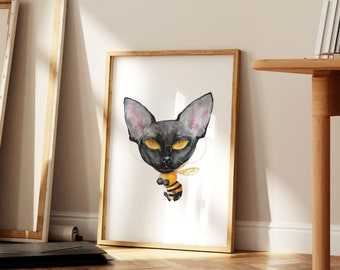 Sphynx cat print, Cat wall art, Bee Cat, Cat lover gift, Funny cat, weird cats, home decor, cat with glasses