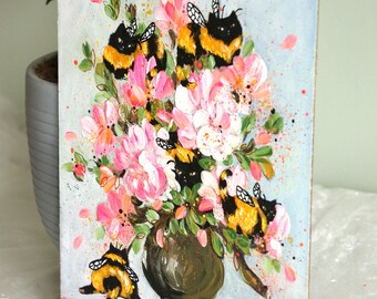 Flowers and Cats, Van gogh style, Original painting, framed