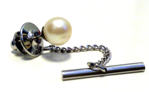 White Cultured Pearl Necktie Tie Pin Tack Silver … - image 1