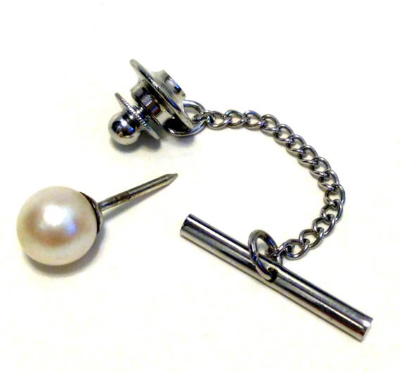 White Cultured Pearl Necktie Tie Pin Tack Silver … - image 4