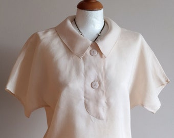 Vintage Blush Ramie Blouse Top with Dolman Sleeves and Collar, Natural Fiber Collared Polo Top for Woman, Retro Summer Linen Blouse