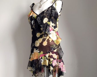 Robe corset en mousseline de soie à volants fantaisie florale à lanières, robe asymétrique transparente bohème vintage roses roses pêche, robe bustier