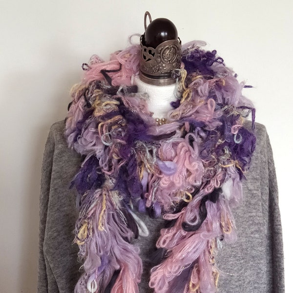 Shawl boa scarf of yarn fringe and loops, multicolor pink and purple fluffy scarf, spring scarf neck warmer, art to wear boho neck adornment