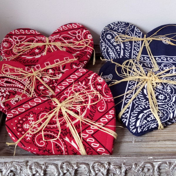 Western Bandana Heart Shape Coasters, Red Blue Vintage Bandana Fabric Textile Coasters, Southwest Gift Set of 4 Coasters under 15 dollars