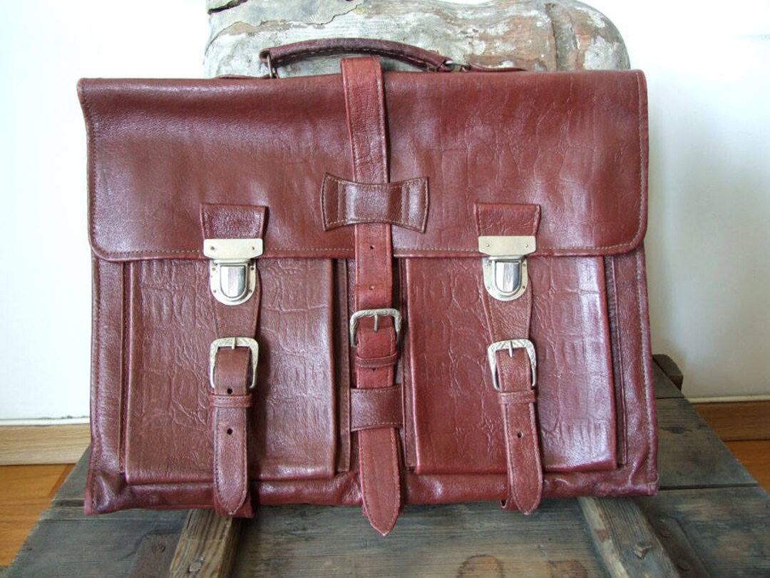 Burgundy Patented Leather Briefcase With Pockets, Vintage Brown