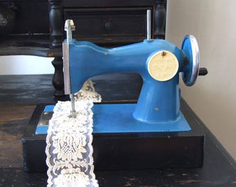 Vintage sewing machine, Soviet Union c.1970 sewing machine, blue sewing machine, toy sewing machine in working condition, childrens toy