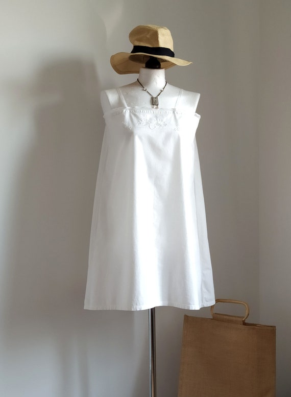French linen vintage dress, embroidered white slip