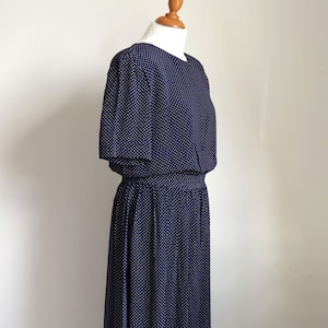 Vintage Pleated Maxi Polka Dot Dress Midnight Blue and White, Classy Lady&#39;s Long Dress with Short Sleeves and Back Button Closure