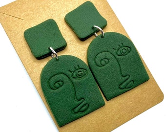 Polymer clay earrings - abstract face - geometric rings - khaki
