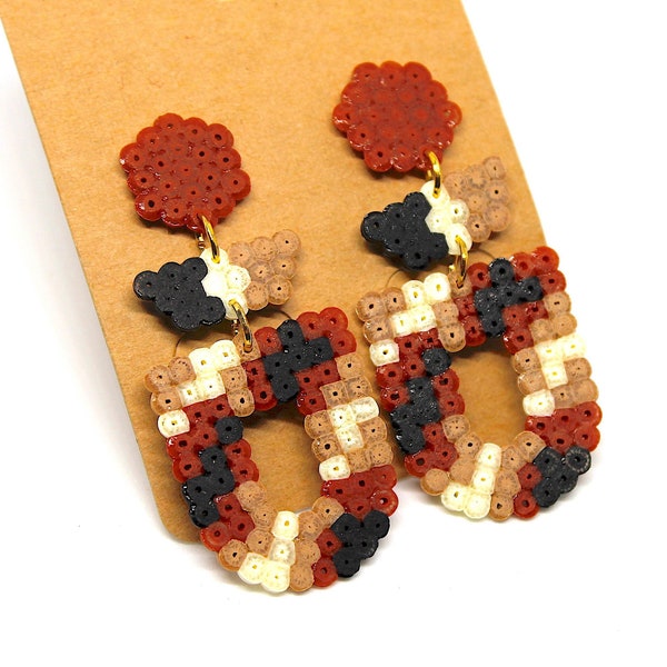 Boucles en perles - Hama Mini - Pixel art - Abstract earrings - Geometric - Pendantes - Boucles d'oreilles - Army Brown