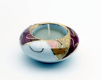 T-Light Candle Holder by Sissa - Porcelain with Gold Leaf Hand Painted and Handmade Rare Vintage Design
