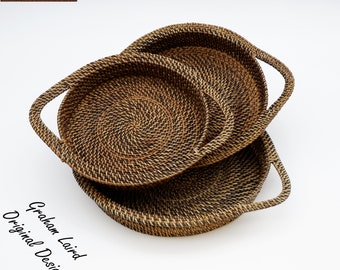 Rattan Stacking Trays - 3 pc set of Handmade and Hand Finished Woven Baskets - Bread Serving  All Natural Sustainable Materials - Brand New