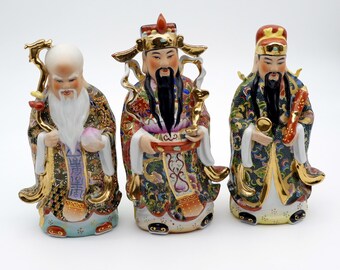 Set of 3 pcs Chinese Deity Figurines - Lucky Fu Lu Shou Hand Painted - Collectable Vintage Statues