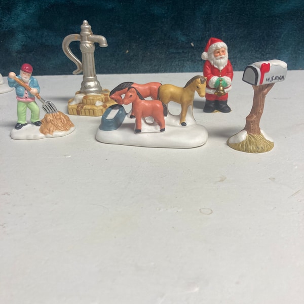 Christmas village figures farm worker , Santa , horses eating, water pump, mailbox