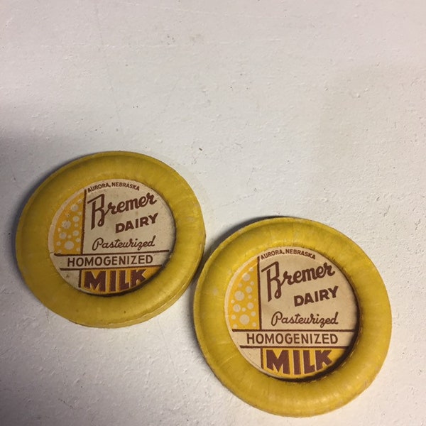 Pair Bremer Dairy Pasteurized homogenized milk bottle cap Aurora Nebraska 2(two)