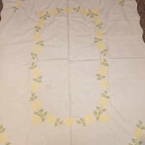 Large table cloth white with hand embroidered yellow floral print