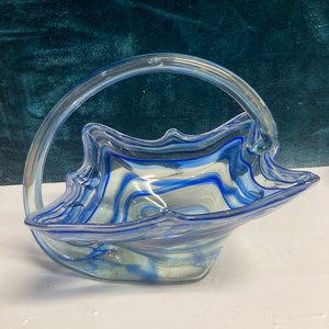Hand blown glass bowl blue and clear glass