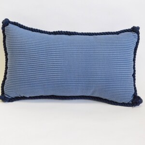 Dark Blue Shell Pattern Rectangle Pillow with Mini-Plaid on Back and Dark Blue Rope Trim image 2